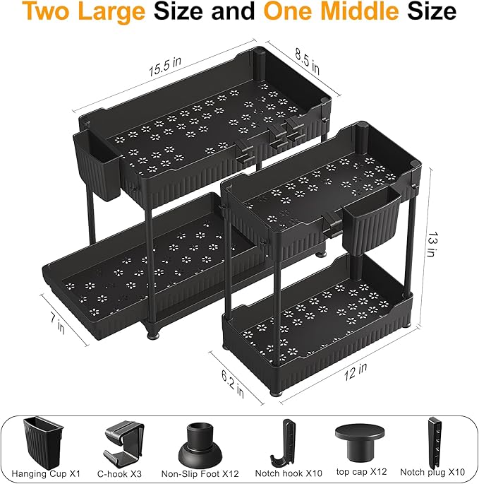 3 Pack Under Sink Organizers, 2-Tier Multi-Use Kitchen and Bathroom Organizers and Storage with Sliding Drawers,Bathroom Cabinet Organizer (Black, 12.8 Inch)