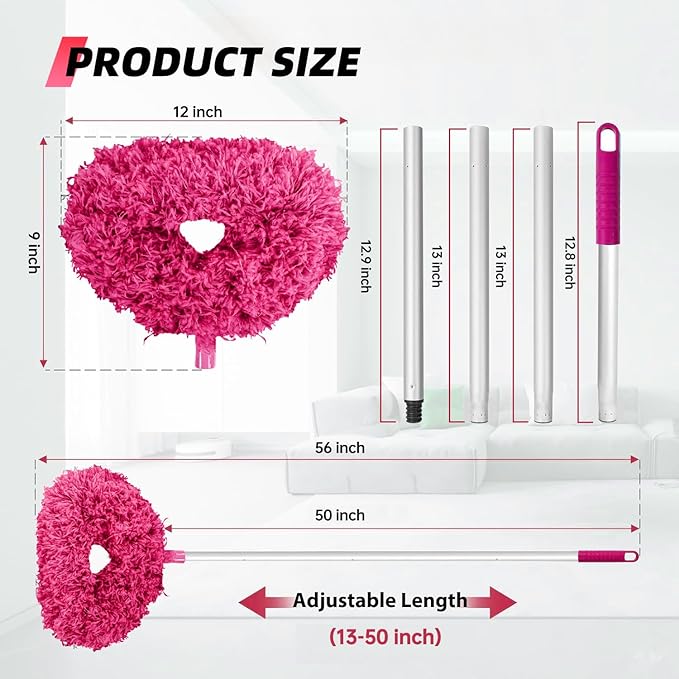 DRQ Ceiling Fan Cleaner Duster, 2 Pack Reusable Microfiber Duster with Extension Pole, 13 to 50 Inch Fan Blade Cleaner, Removable Dusters for Cleaning Walls Bookshelves Door Window Top (Rose Red)