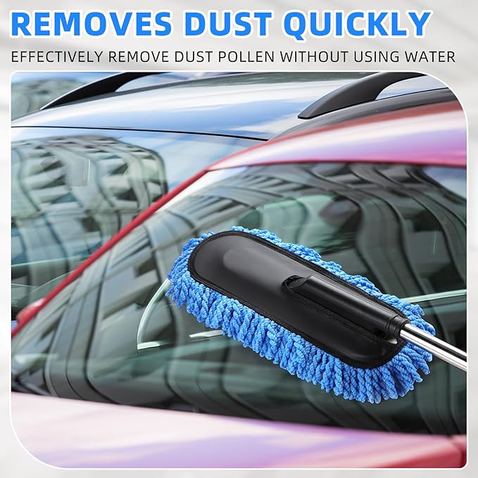 Tanlade 1 Pack Microfiber Car Duster Exterior Scratch Free with Extendable Handle Soft Car Duster Kit for Cleaning Dust Brush Set for Exterior Interior Cleaning Tools (Blue)
