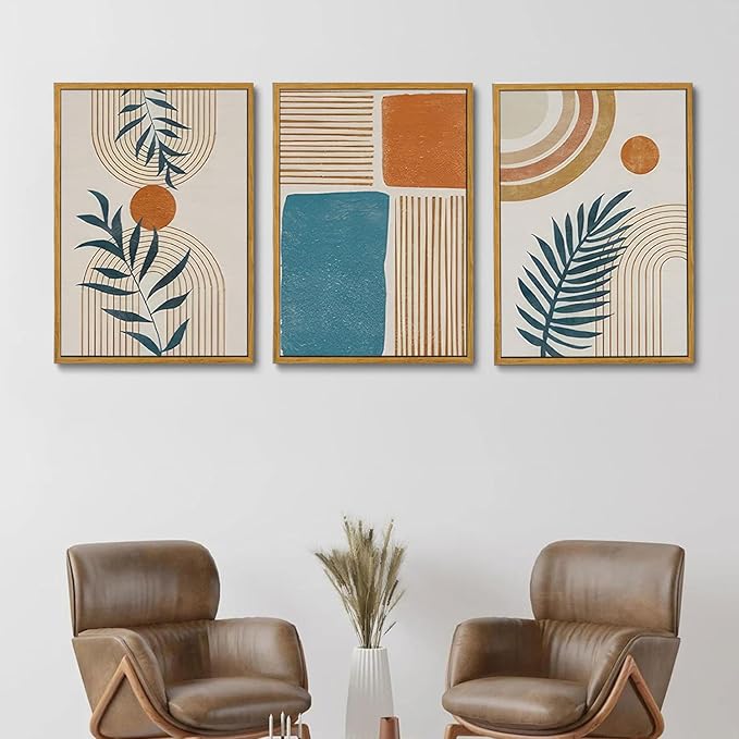 Bwodke Boho Wall Art, Framed Abstract Wall Art, botanical Neutral Canvas Wall Decor, Large Mid Century Plant Pictures Set of 3, Modern Minimalist Paintings ,for Bedroom Living Room Bathroom