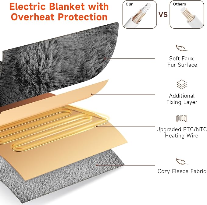 Heated Blanket Electric King- 100"x90" Soft Thick Bubble Electric Blanket for Sofa with 5 Heat Levels & 10 Hours Auto-Off Overheat Protection, Warm Cozy Gifts, Light Grey