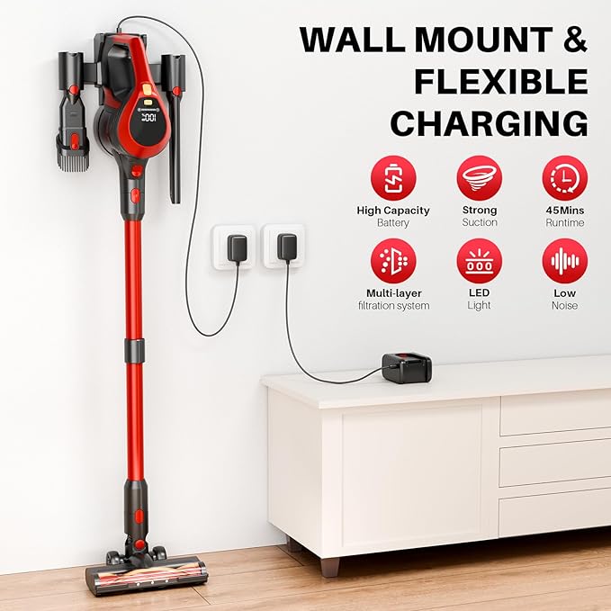 Cordless Vacuum Cleaner - Lightweight, 35Kpa Home Stick Vacuum, Smart Display & Removable Battery, Up to 45 Mins, 8 in 1 Portable Handhled Vacuum, Wall Mount Charging for Hardfloor, Carpet Red