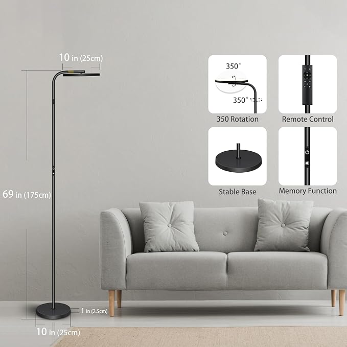 36W Super Bright LED Floor Lamp with Remote Control, Modern Stepless Dimmable Standing Lamp, 350°Rotating Head Tall Torchiere Floor Lamps for Living Room, Bedroom, Office