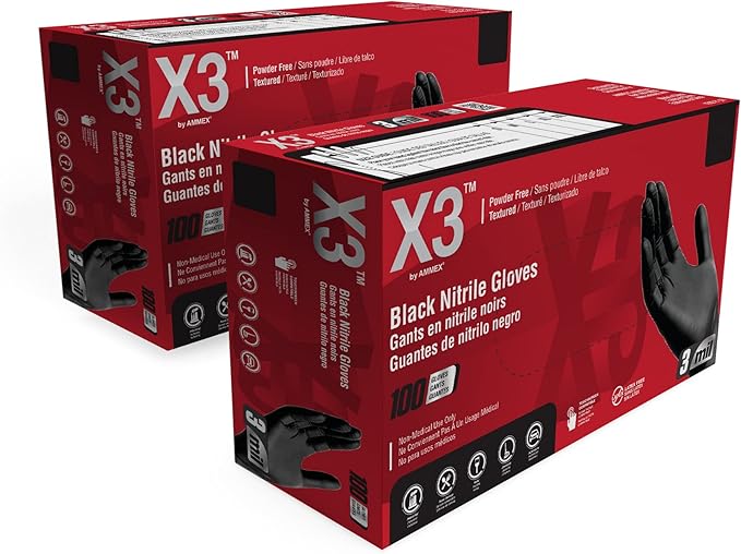 X3 Black Nitrile Disposable Industrial-Grade Gloves 3 Mil, Latex and Powder-Free, Food-Safe, Non-Sterile, Lightly-Textured