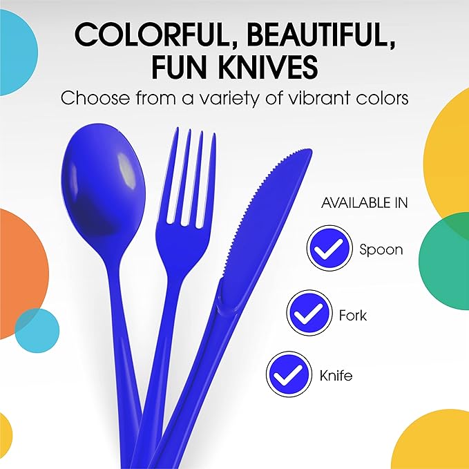 Party Solids Dark Blue Plastic Knives 200 Pcs Dark Blue Knives Disposable Utensils Heavy Duty Plastic Cutlery Set Disposable Cutlery Sets Flatware Sets Silverware Set Party Supplies & Party Tableware