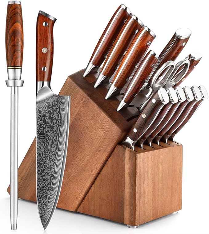 XINZUO 15pcs Kitchen Knife Set with Block, Professional Damascus Chef Knife Set-steak Knife Set of 6-Kitchen Shear&Diamond Honing Steel,Natural Rosewood Handle, Razor Sharp