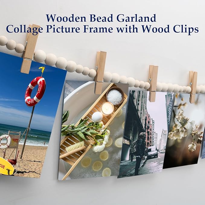 Hanging Photo Display Wall Decor with 45 Wood Clips, 67 Inches Boho Wooden Bead Garland Collage Picture Frame Photos String DIY, Photo Hanger for Bedroom Office Dorm Room Decor Gifts(3PCS)