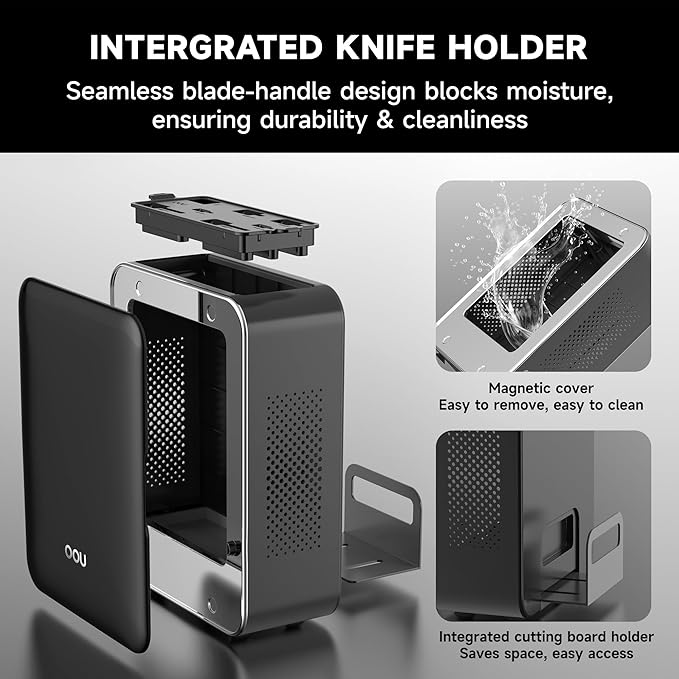 OOU Knife Set with Block and Sharpener,9 Pcs High Carbon German Steel Knife Block Set, Dishwasher Safe Knife Set with Upgrade Ventilated Block & Built-in Cutting Board Organizer, Anti-Rust
