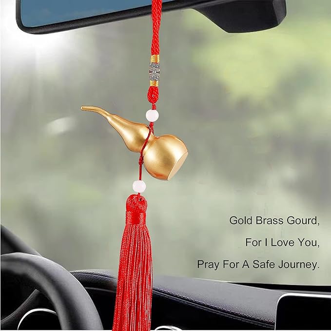 Feng Shui Hanging Ornaments Decor,Wu Lou Golden Gourd,with Red Luck Strip Tassel Treasure for Ideal Car Pendant,Bedroom,Door,Desk lamp,Bring Good Luck,Safty,Healthy,2.16inch Tall,Full Brass