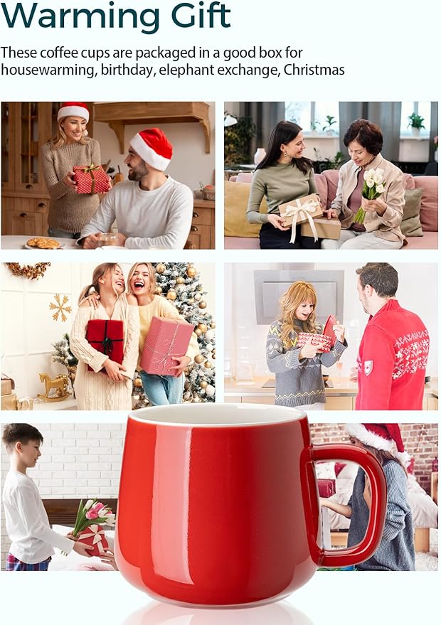 Teocera Ceramic Coffee Mug Set of 4-12 oz Coffee Mugs with Large Handles for Hot or Cold Drinks Like Latte, Cocoa, Tea or Juice - Smooth Ceramic, Dishwasher Safe, Red