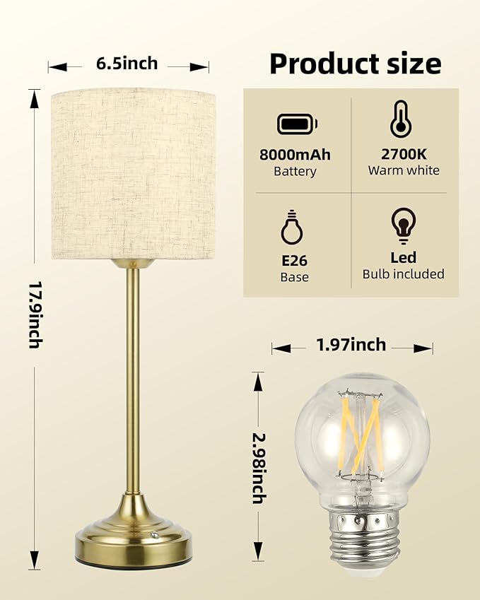 Cordless Table Lamp, 8000mAh, Dimmable, 2700K, Touch Control, Portable, LED, Wireless, Rechargeable, Battery Operated, Desk Lamp, Kitchen Lamp, Fabric Shade, for Dining Room, Bedroom, Living Room