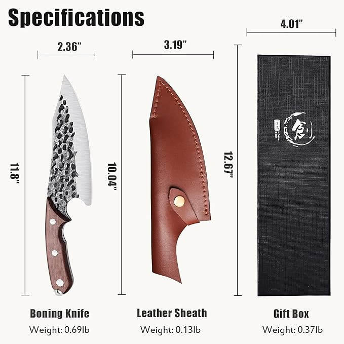 TOMBRO Huusk Japan Knife- Forged Viking Knives Sharp Boning knife Handmade Caveman Knife High Carbon Steel Butcher Knives with Sheath, Japanese Chef Knife for Kitchen, Camping, BBQ, fishing filet
