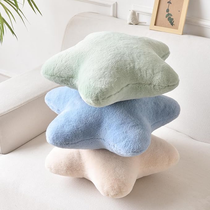 Xiashrk Star Pillow, Decorative Throw Pillows for Bed Couch, 15" Star Shaped Pillow Plush Floor Cushions Room Decor Pillow with Faux Rabbit Fur for Sofa Bedroom Living Room (Sage Green, 15" x 15")