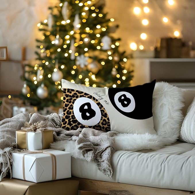 Trendy Leopard Lucky 8 Ball Pillow Covers 20x12, Cheetah Leopard Print Room Decor, Funky Preppy Leopard and Black Billiards Decorative Throw Pillow Covers for Girls Dorm Apartment,Set of 2