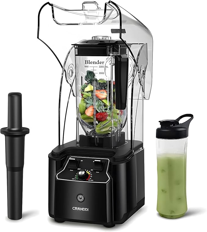 CRANDDI Quiet Commercial Blender with Soundproof Shield, 2200 Watt Professional Blenders for Kitchen with 80oz Jar and Self-Cleaning, High-Speed Blenders K90 Black