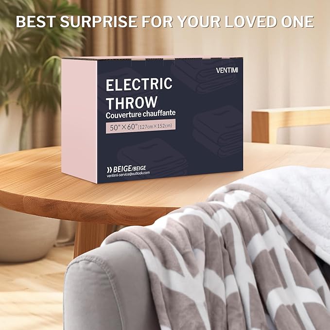 VENTIMI Electric Blanket Heated Throw, 50" x 60" Heated Blanket with 5 Heat Levels & 3 Hours Auto Off, Fast Heating Blankets with ETL & FCC Certification, Beige
