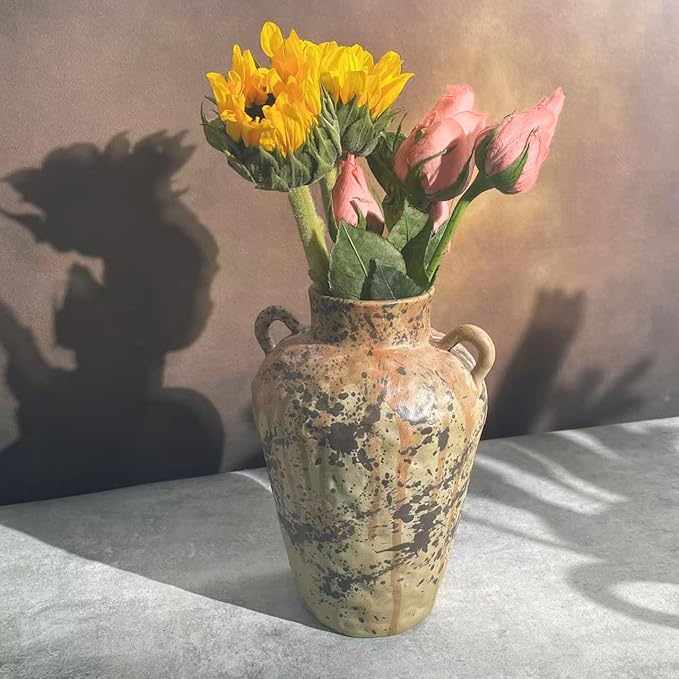 Rustic Pottery Ceramic Vase - Vintage Farmhouse Style Decor, White Grid Ceramic Vases for Home Decor, Modern Farmhouse Decor (Gray black)