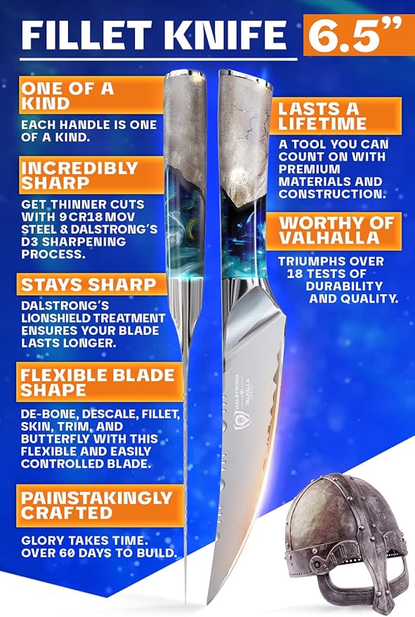 Dalstrong Fillet Knife - 6.5 inch - Valhalla Series - 9CR18MOV HC Steel - Celestial Resin & Wood Handle Gift Kitchen Knife - Meat Cutting, Carving, Bone, Deboning, Boning - Leather Sheath