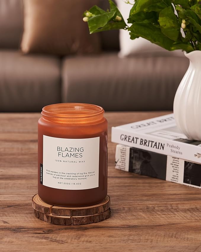 M&SENSE Blazing Flames Scented Candles with Log Fire - Patchouli & Cedarwood, Large Natural Soy 19.4oz 110 Hour Long Lasting Non Toxic Clean Burn Candle Gifts for Men Women