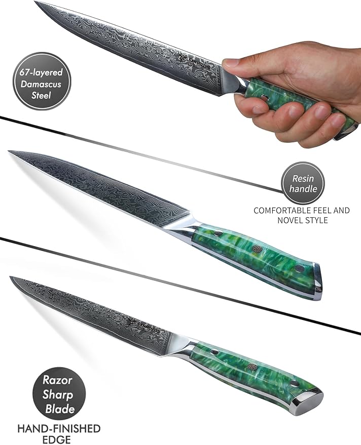 Carving Knife - 9 inch Kitchen Meat Cutting Slicing Knife- Xuan Series - VG10 Damascus Steel with Resin Handle (Jade Green)