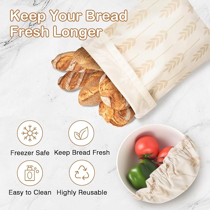LAKE OF FIRE 16.9"x12.6" Reusable Bread Storage Bags for Homemade Bread with Reusable 2 Bowl Covers,Large Sourdough Bread Bags Food Storage Cloth Bag(Beige + Wheat)