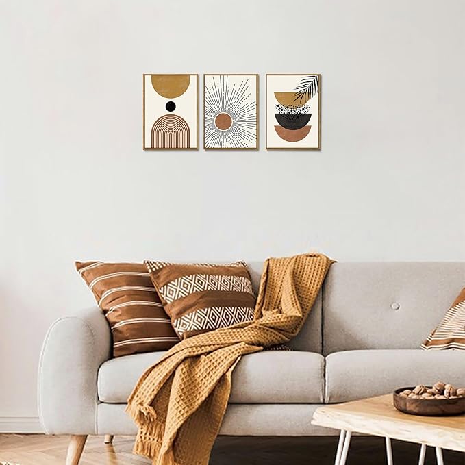 Bwodke Boho Wall Art, Framed Abstract Sun Wall Art, Neutral Canvas Wall Decor, Mid Century Geometric Line Pictures Set of 3, Minimalist Paintings, for Bedroom Living Room Bathroom 12"x16"