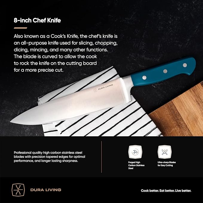 DURA LIVING 8 Inch Professional Chef Knife – High Carbon Stainless Steel, Razor-Sharp, Versatile Cooking & Cutting Kitchen Knife, Ergonomic Handle, Sleek Royal Blue Design