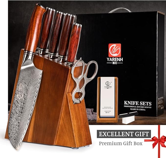 YARENH Kitchen Knife Set with Block, 8 Piece, Sharp Professional Chef Knife, 73 Layers Damascus High Carbon Stainless Steel, Full Tang Sandalwood Handle, Gift Box