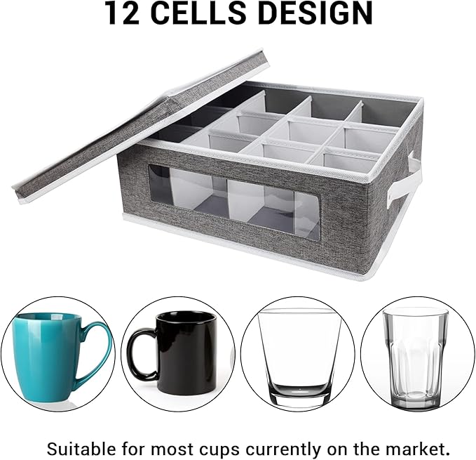 homyfort Mug Storage Box, China Storage Containers Organizer Hard Shell with Dividers for 12 Coffee Mugs, Tea Cup, Moving & Packing (Grey)