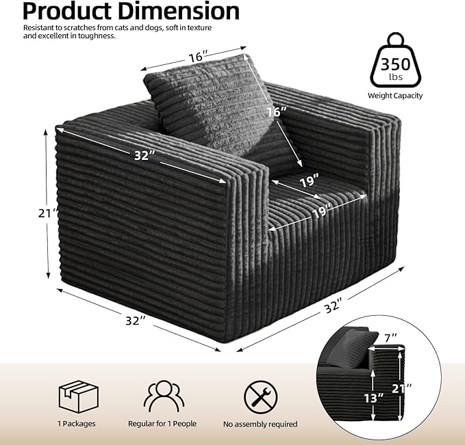 Single Cloud Sofa, Giant Bean Bag Chair with High Backrest & Wider Armrest, Foam Boneless Couch for Small Spaces, Comfy Furry Sofas with Pillows for Living Room, Bedroom, Apartment, Dorm, Office