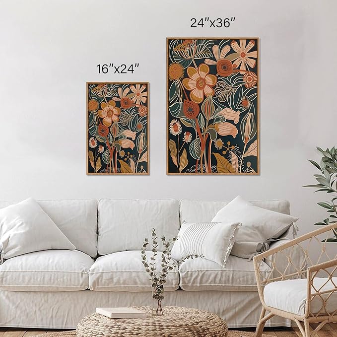 Tinonedraw Burnt Orange Floral Framed Canvas Wall Art Set of 3, Boho Chic Flower Artwork, Mid Century Modern Wall Decor, Colorful Neutral Botanical Art Prints for Bedroom Living Room Office 24"x36"