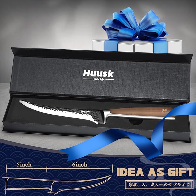 Huusk Boning Knife 6 Inch Fillet Knife for Meat Brisket Trimming Knife Japan Hand Forged Deboning Knives Full Tang Meat Cutting Butcher Knife for Kitchen Cooking BBQ