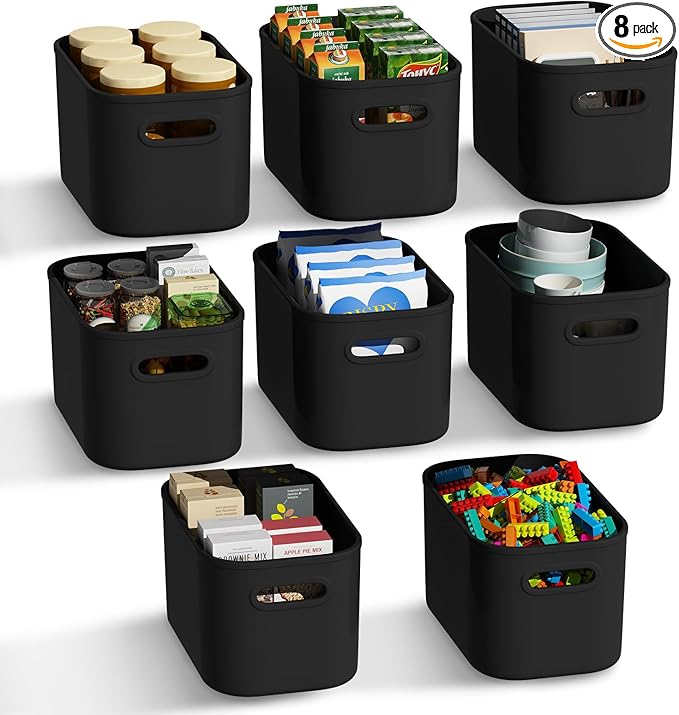 8 Pack Black Storage Bins for Shelves, Plastic Storage Containers for Organizing, Stackable Storage Boxes with Handle, Black Storage Bins for Classroom, Craft, Snacks, Cabinet, 9.7x6.7x5.7inch