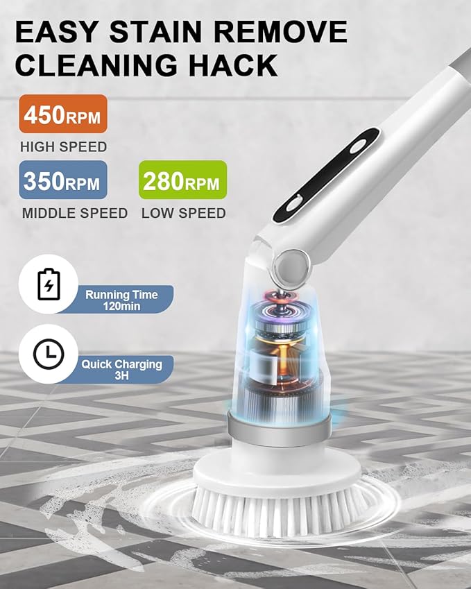 IEZFIX Electric Spin Scrubber, Bathroom Power Shower Scrubber Cleaning Brush for Tub/Tile/Floor/Toilet/Kitchen, 8 Cleaner Scrub Brush Heads, 3 Speeds 450RPM Max, Telescopic Rod Gray
