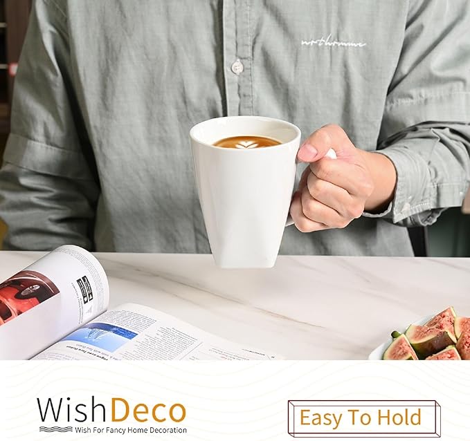 White Coffee Mugs Set of 6, Ceramic Coffee Cups 14 oz, Modern Tea Mugs, Porcelain Tea Cups, Large Mug for Latte, Cappuccino, Milk, Juice, Cocoa, Square Bottom, Microwave and Dishwasher Safe