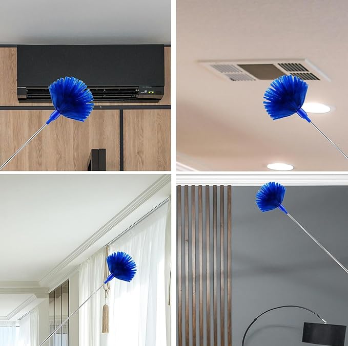 Cobweb Duster with Extension Pole, Cobweb Brush and Ceiling Fan Duster Kit for Cleaning, 15-100Inch Long High Rigidity Handle Aluminum Telescoping Pole, Washable(Blue)