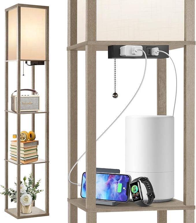 OUTON Floor Lamp with Shelves, LED Shelf Floor Lamp with 1 USB & 1 Type C Ports, 1 AC Outlet, 3 Color Temperature, Storage Display Wood Column Tall Standing Lamp for Living Room, Bedroom Office, Grey