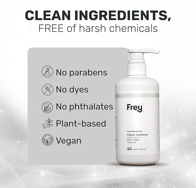 FREY Natural Liquid Fabric Softener & Conditioner | Laundry Softener for Clothing | Works In All Machines + HE | Powered by Natural Ingredients (1-pack, Fragrance-free)