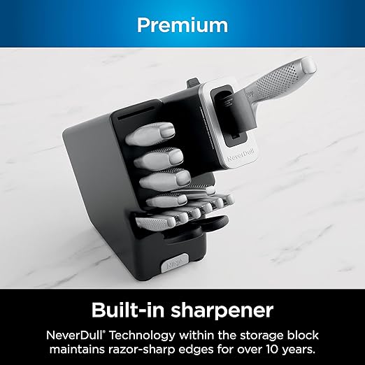 Ninja K62012 Foodi NeverDull Premium 12-Piece German Stainless Steel Knife System with Built-in Sharpener, Stainless Steel/Black