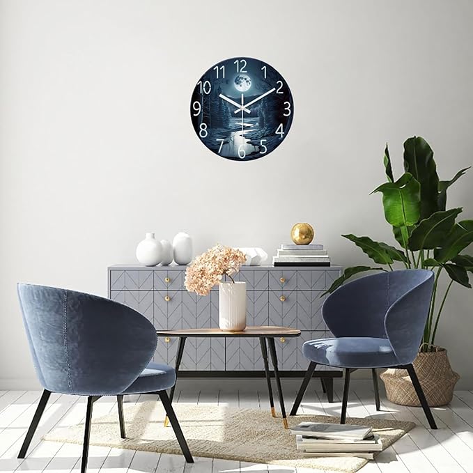 XFM Black Wall Clock 16 Inch Silent Wall Clocks Battery Operated Clocks Moon Night Forest Wall Clock Modern Halloween Decorative for Living Room Kitchen Bedroom
