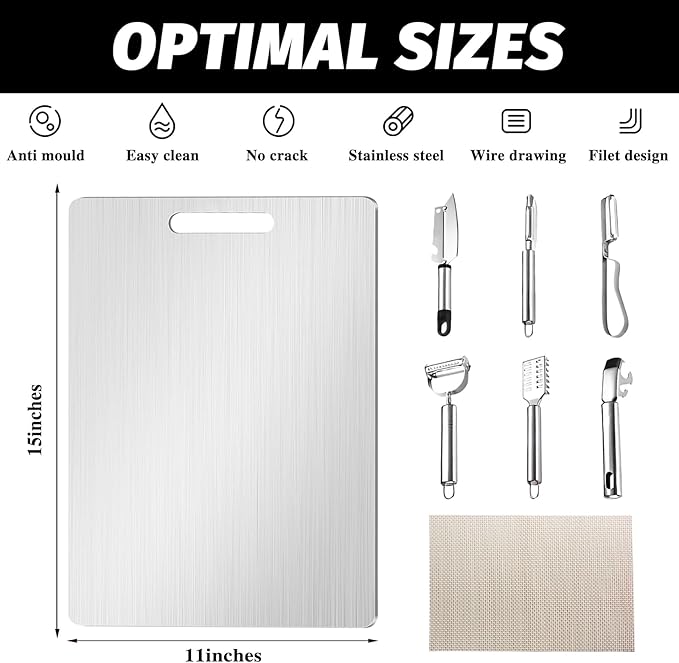 Titanium Cutting Board, Stainless Steel Cutting Board for Kitchen Dishwasher Safe, Double Sided Food-Grade Chopping Board with Peeler and Anti-slip Mat (15"L x 11"W)