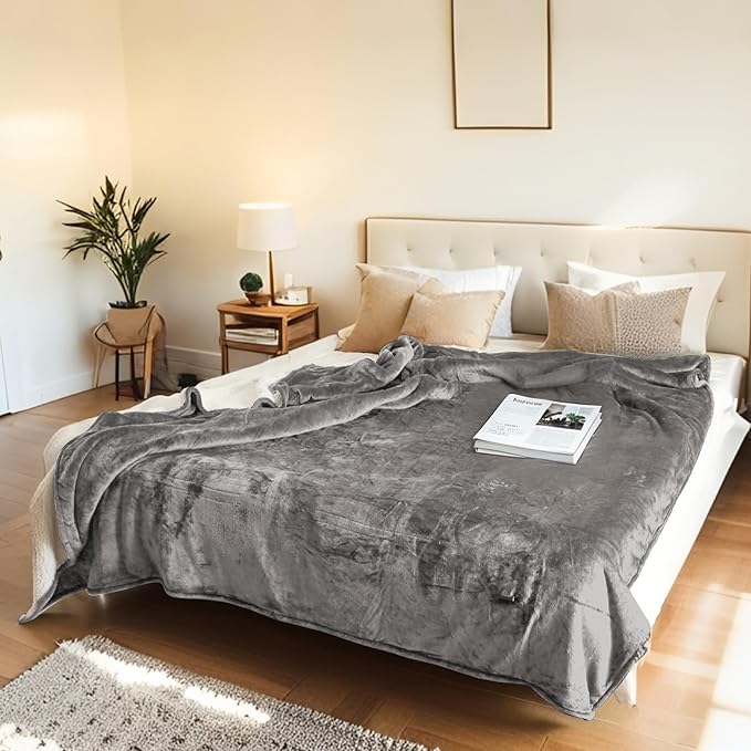 Electric Heated Blanket Twin Size 62"x84" - Flannel & Sherpa Fabric Dual-Sided, 6 Heat Settings & 10 Hours Auto Off, Soft & Cozy Warming Throw for Home, Office, or Bed, Machine Washable, Light Gray