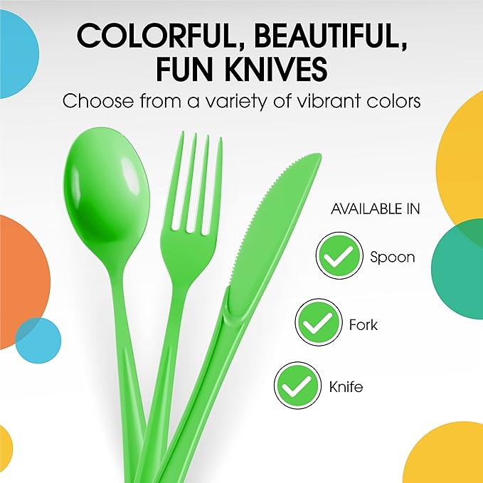 Party Solids Lime Green Plastic Knives 200 Pcs Lime Green Knives Disposable Utensils Heavy Duty Plastic Cutlery Disposable Cutlery Sets Flatware Sets Silverware Set Party Supplies & Party Tableware