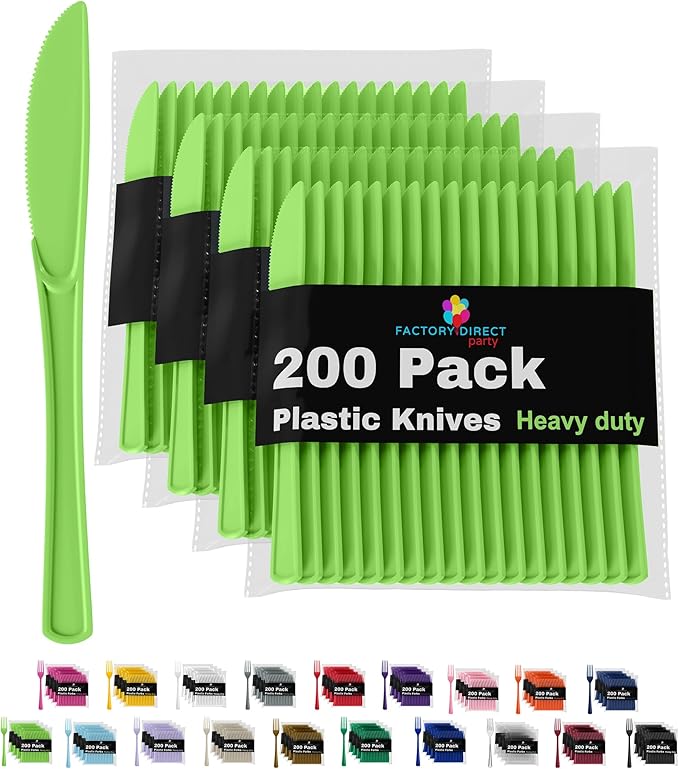 Party Solids Lime Green Plastic Knives 200 Pcs Lime Green Knives Disposable Utensils Heavy Duty Plastic Cutlery Disposable Cutlery Sets Flatware Sets Silverware Set Party Supplies & Party Tableware