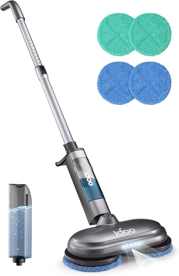 iDOO Electric Mop, Floor Scrubber Electric Spin with LED Headlight, Rechargeable Dust Cordless Dual-Motor, Spray Mop for Hardwood Floor, Clean up to 2350 ft², 46dB Quiet, Gray-4 Pads