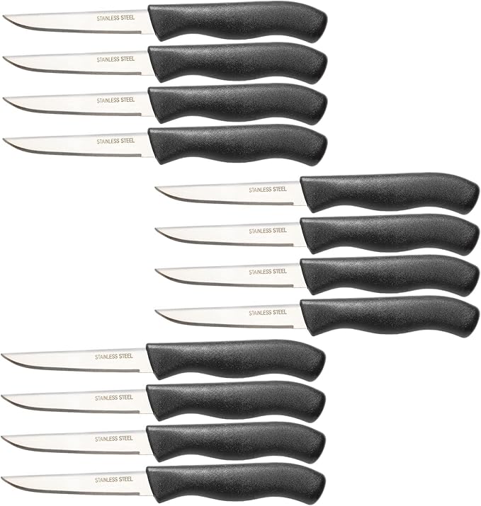 Paring and Garnishing Knife, 12-Piece Set, Knives with Straight Edge 3 Inch Blade, Stainless Steel, Spear Point, Fruit and Vegetable Cutting and Peeling, Black