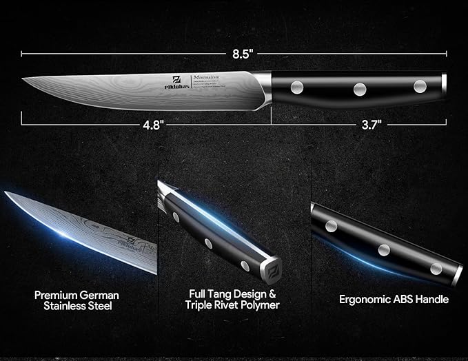 Steak Knives Set of 6, 4.5 Inch Non Serrated Dinner Knife, Forged German Steel Damascus Pattern Straight Edge Meat Knife with Full Tang Handle, Dishwasher Safe, Ideal for Gift