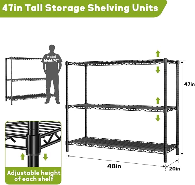 Storage Shelves, 48" L x 20" W x 47" H Heavy Duty Garage Wire Shelving Unit Loads 1200LBS, 3-Tier Adjustable Metal Industrial Utility Shelf Rack for Kitchen, Laundry Room, Basement