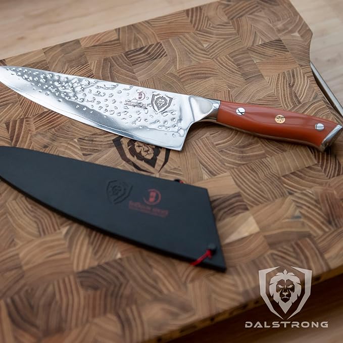 Dalstrong Chef Knife - 8 inch Blade - Shogun Series - Japanese AUS-10V Super Steel Kitchen Knife - Flame Orange Handle ABS - Damascus - Razor Sharp Knife - Professional Full Tang Knives - Sheath