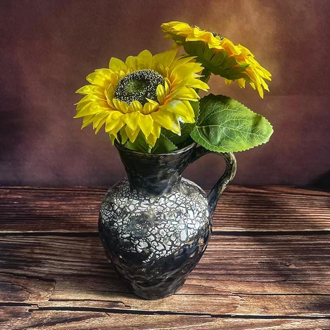 Rustic Pottery Ceramic Vase - Vintage Farmhouse Style Decor, White Grid Ceramic Vases for Home Decor, Modern Farmhouse Decor (White Black)